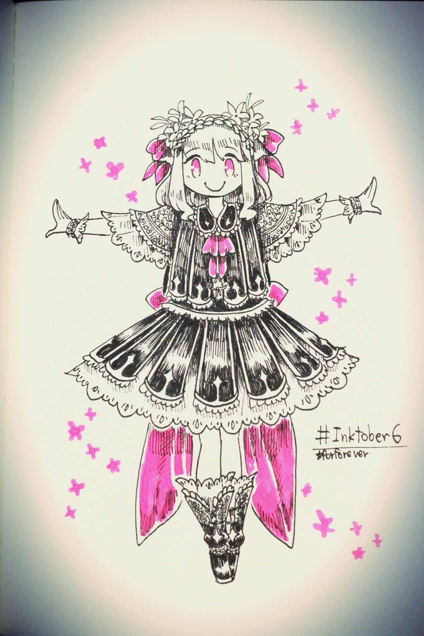 a handdrawn ink illustration of a young girl wearing a black dress and pink accessories, with a floral crown on her head and pink flowers scattered around her. the drawing has a whimsical, fairytale feel.