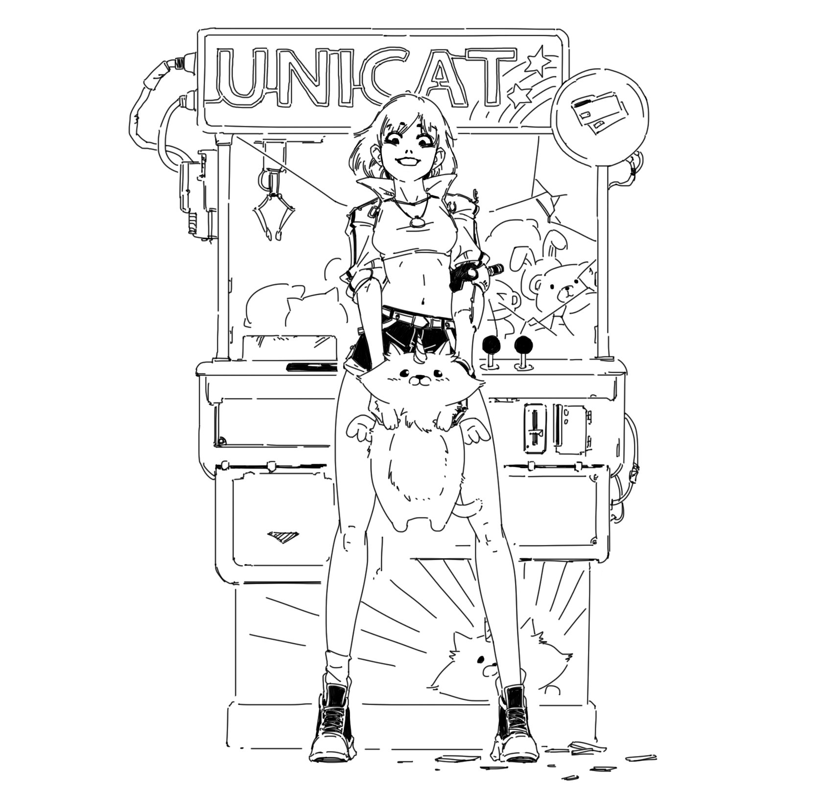 the image is a black and white line drawing of an animestyle girl standing in front of a claw machine. the claw machine is labeled "unicat" and contains various plush toys, including cats and other animals. the girl is holding a large plush cat, and she is dressed in casual attire. the style is a blend of anime, cyberpunk, and retro aesthetics. the drawing is detailed and dynamic, showcasing a strong sense of character and atmosphere.