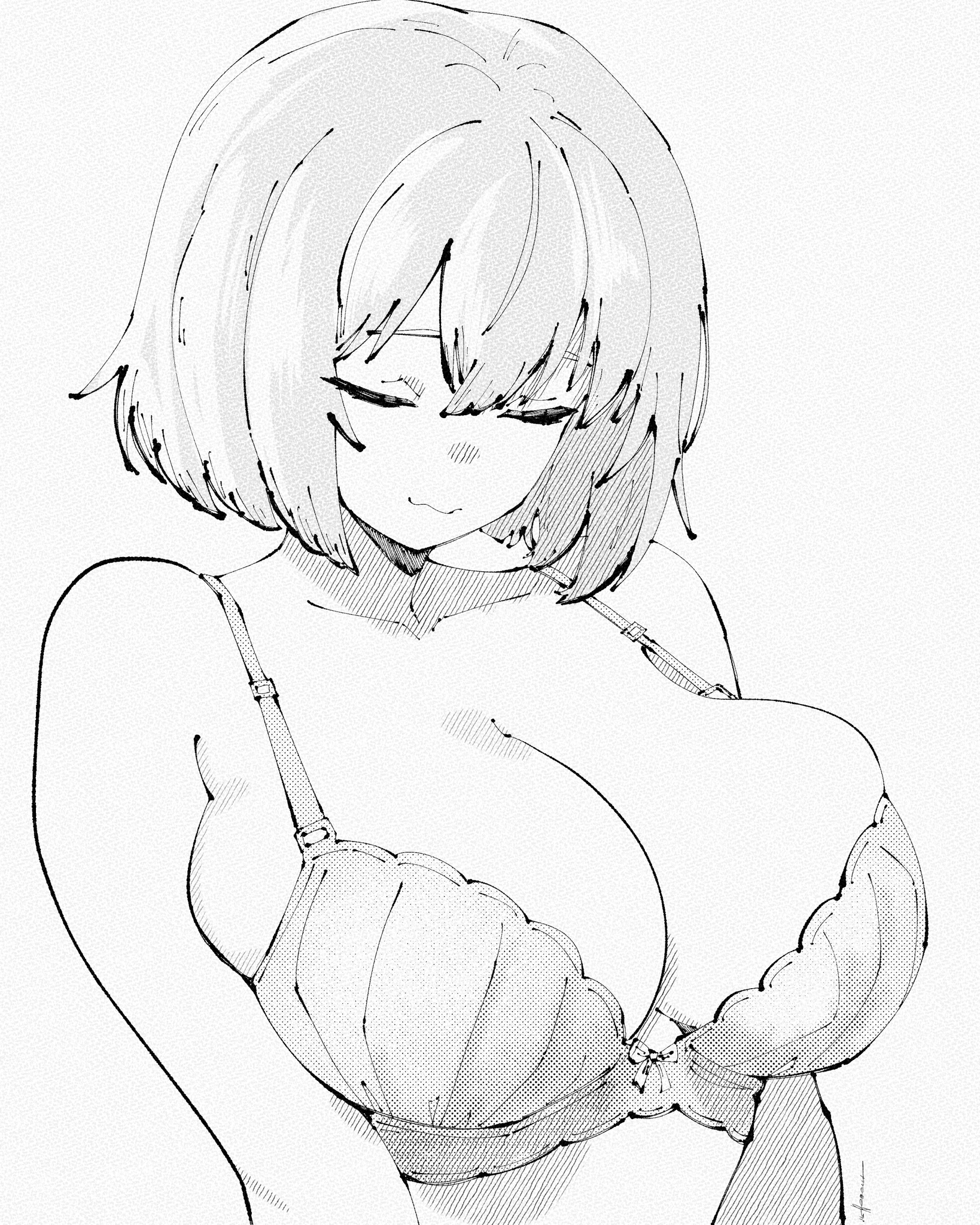 the image is a black and white line art drawing of an anime girl with short hair and closed eyes, looking down. she is wearing a bra.