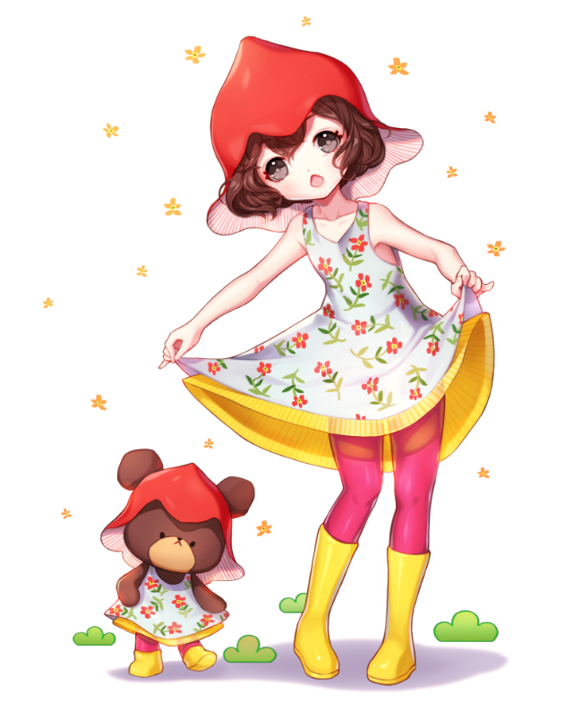 a young girl, drawn in an anime style, stands with a playful air.  she wears a bright red hood, a floral patterned dress with yellow trim, and matching yellow rain boots. her joy seems infectious, mirrored in the pose of her teddy bear companion, who sports an identical outfit.  the bright, springlike colors and simple background enhance the feeling of innocence and childhood wonder.