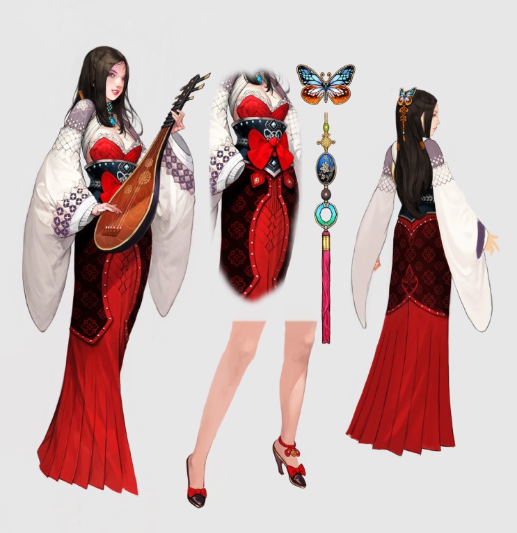 the image showcases a female character concept design, potentially for a video game or fantasy illustration. she is depicted in elaborate red and white traditional clothing with intricate embroidery and a butterfly ornament. the character is holding a stringed musical instrument resembling a lute.  the image provides a comprehensive view of the character's design with front, back, and side perspectives, including closeups of specific details like the clothing pattern and jewelry.