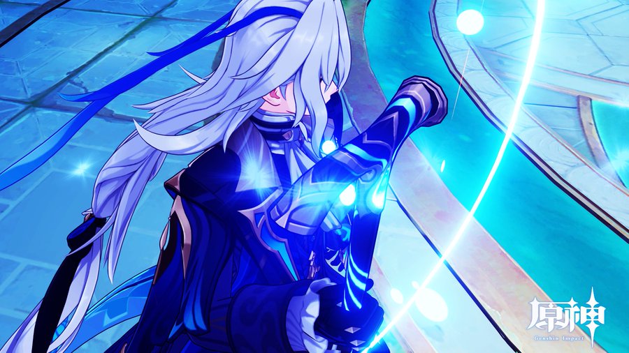 a stylized digital artwork depicting aether, the male traveler from genshin impact.  he is in a dynamic pose, wielding a glowing blue sword, with bright blue energy effects surrounding him. his long white hair flows behind him, and he is dressed in an elegant, dark blue and gold outfit. the background features a teal and white stone floor. the genshin impact logo is visible in the bottom right corner. the overall style is animeinspired, with sharp lines and vibrant colors.
