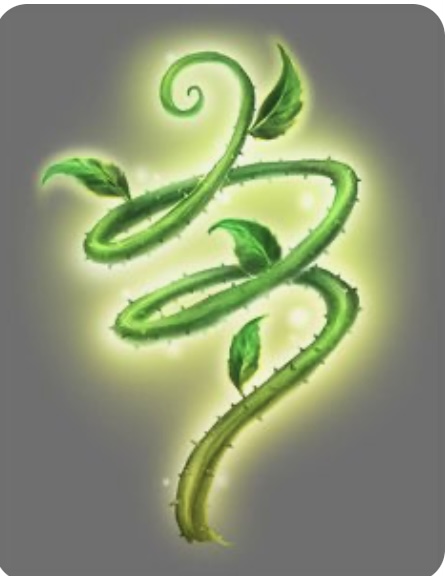 a glowing green vine with thorns curls upwards in a spiral shape.  the vine is drawn in a cartoon style and appears to be magical.