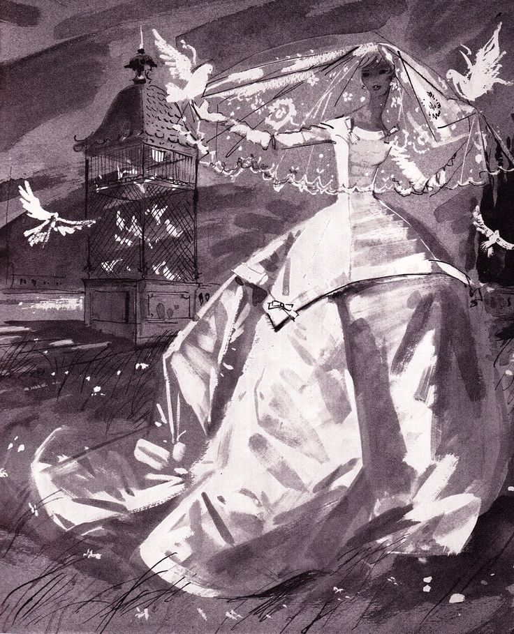 the image is a vintage monochrome illustration of a bride in a wedding dress and veil releasing doves from a birdcage in a field.