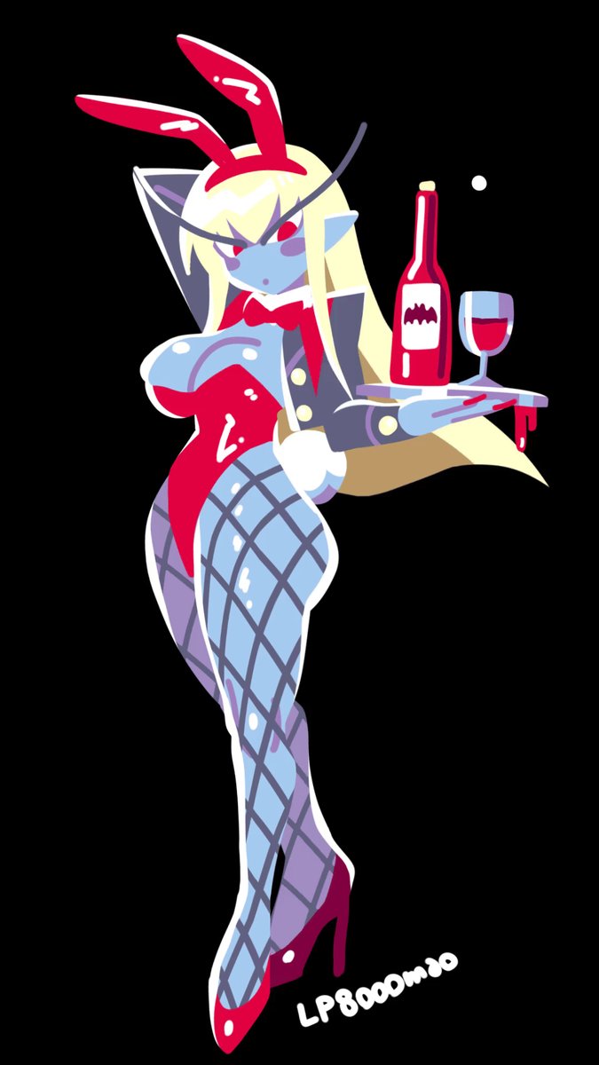 an anime bunny girl in a red leotard and fishnet stockings is holding a tray with a wine bottle and a wine glass. she is wearing bunny ears and high heels. the background is black.