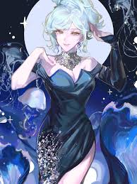 an animestyle illustration features a woman with light blue hair, wearing a formfitting blue dress with a thighhigh slit. she is adorned with jewelry around her neck and wears long black gloves. the background includes a full moon, stars, jellyfish, and swirling blue patterns reminiscent of water or smoke.