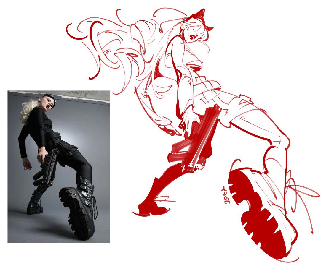 a digital sketch in red depicting a woman with long hair holding a gun in a dynamic pose. the woman is dressed in a futuristic and stylish attire and is shown in a striking action pose, with her leg extended and her body leaning back. the sketch captures a strong sense of movement and energy, suggesting a fierce and determined character.