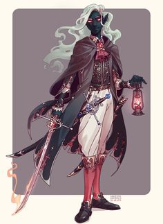 the image showcases a character design of a drow or dark elf, likely a rogue or warrior. they have dark grey skin, long white hair, and piercing red eyes. their attire leans towards an elegant, almost swashbuckling style with a long coat, breeches, and a billowing cravat. they are armed with a rapier and a dagger, both adorned with intricate details. the character holds a lantern emitting a warm glow, hinting at their potential activities in the dark. the background is a muted purplishgrey, keeping the focus on the character.  the art style is slightly painterly with a focus on linework and color to define form.
