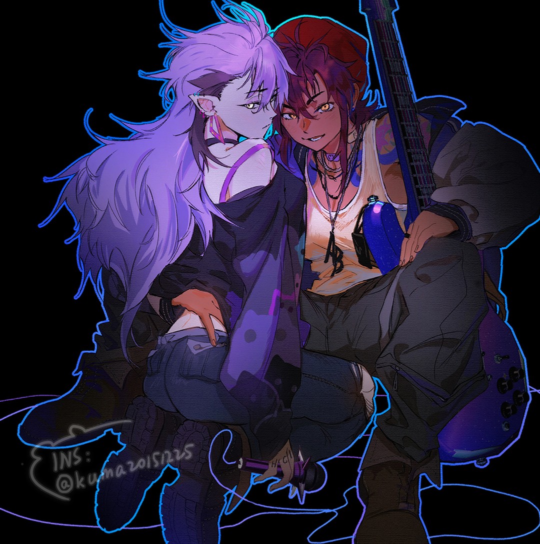 the image is a digital fanart depicting a romantic scene between two animestyle characters.  one character has long, vibrant purple hair and appears to have slight elflike features, while the other has shorter red hair and is holding an electric guitar. the characters are intimately positioned, suggesting a close relationship.  they are dressed in dark, stylish clothing, and the overall aesthetic is dark and edgy, enhanced by neonlike glowing lines around the figures. the background is black, emphasizing the characters and their interaction. the artwork has a stylistic quality that blends realism with animestyle character designs.  the overall mood is suggestive of romance and possibly a rock music or fantasy theme.