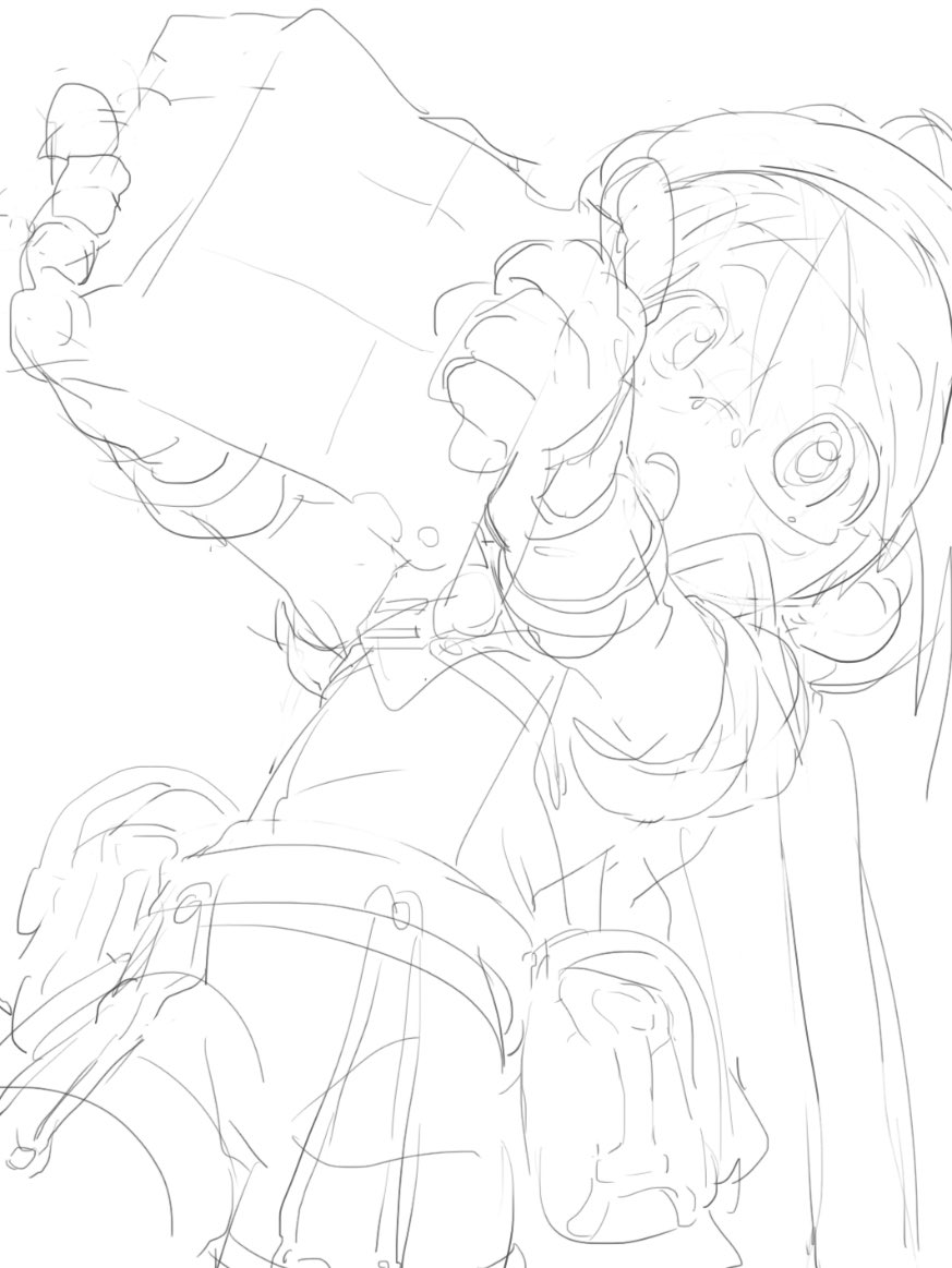 this is a sketch of an anime girl holding a book in her hand. she is smiling and looking at the book. the drawing is simple but detailed, and it captures the girl's happiness. the background is plain white.