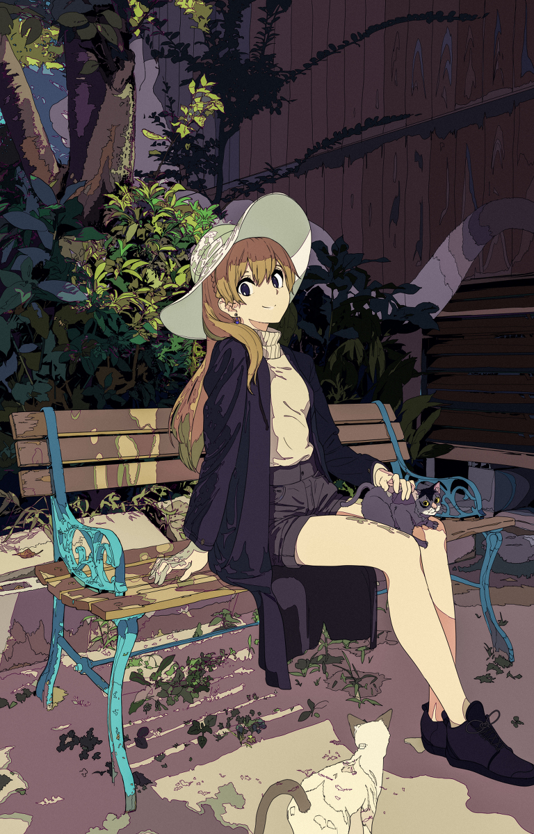 the illustration features an animestyle girl with long brown hair, wearing a white hat and a dark coat, sitting on a park bench. she's holding a darkcolored cat on her lap. another lightcolored cat is sitting near her feet. the setting is an outdoor garden with lush greenery, trees, and flowers, creating a peaceful and serene atmosphere. the art style is detailed and colorful, with a focus on the girl and her interaction with the cats. the lighting and shadows suggest it might be afternoon or dusk. the overall mood is calm and relaxing.