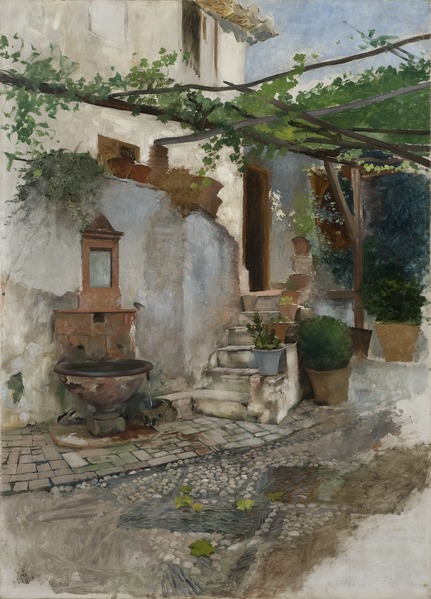 a painting depicts a charming italian courtyard scene. a stone walkway leads to a set of stairs climbing towards a doorway. to the left of the stairs, a weathered fountain with a basin rests against a building. plants and flowers in pots are placed along the stairs and on the building. greenery drapes from a pergola above, creating a shaded area. the overall atmosphere is tranquil and inviting.