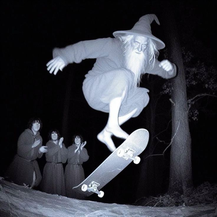 a monochrome image shows a person dressed as a wizard jumping over a skateboard in the middle of a forest at night. three people in robes are watching and clapping in the background. a tall tree is also visible behind the wizard.