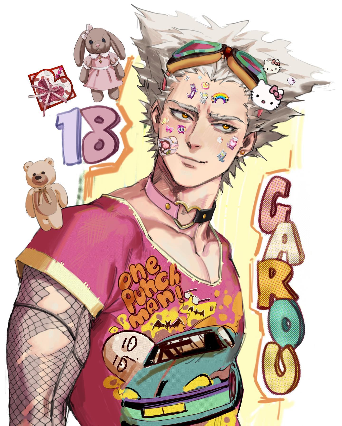 the image is a digital illustration of garou, a character from the anime and manga series "onepunch man." he is depicted in a playful and trendy style, wearing a pink "one punch man" tshirt, fishnet sleeves, and a heart choker. his hair is styled in his signature spiky fashion, and he has various cute stickers adorning his face and body. the illustration has a soft, pastel color palette and a frontal perspective, giving a closeup and engaging view of the character.