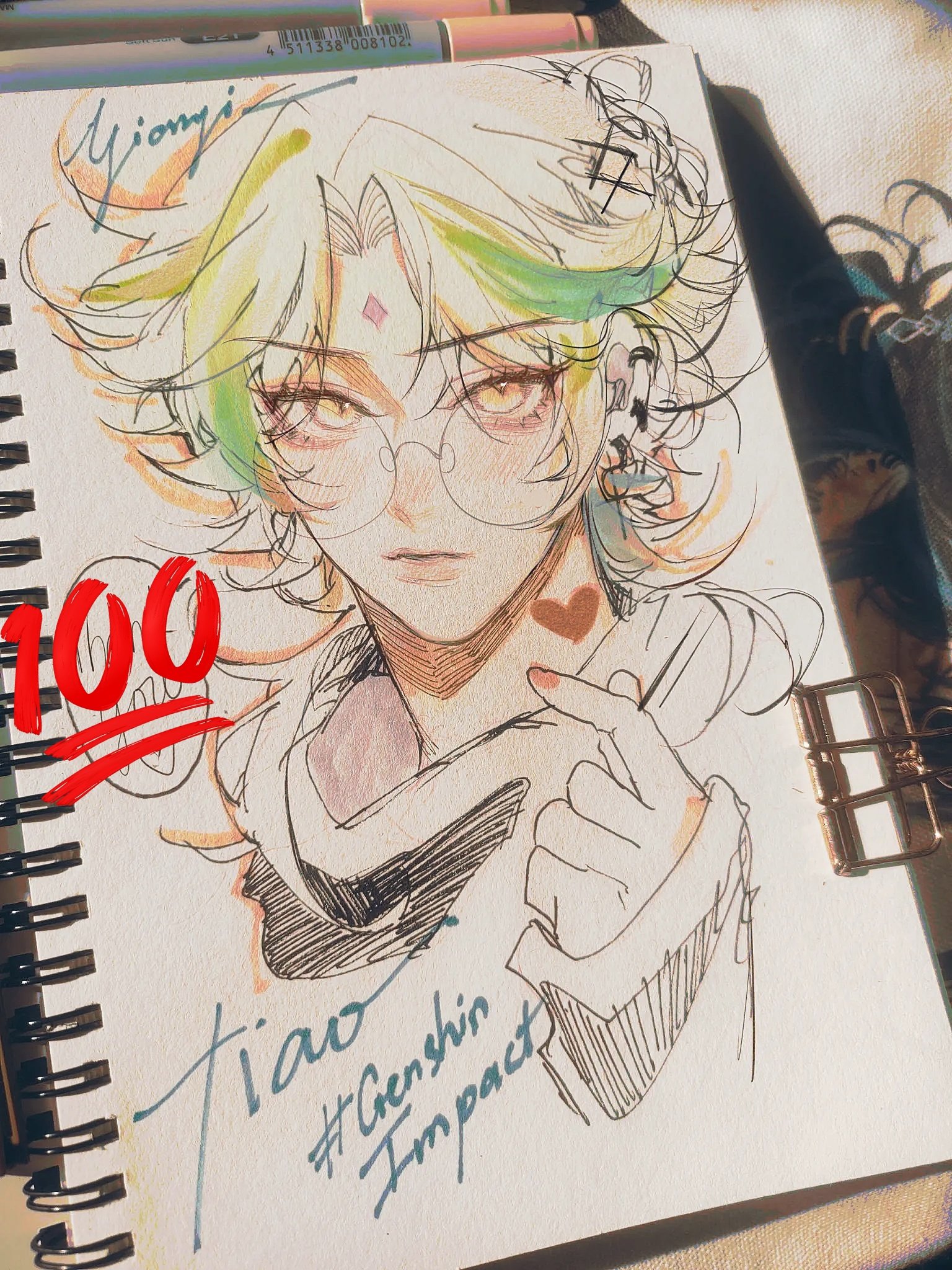 the image is a closeup shot of a sketchbook page featuring a detailed handdrawn and colored illustration. the art depicts a stylized female character, likely a fanart piece inspired by genshin impact, judging by the "#genshin impact" inscription.  the character has pale skin, long light green and yellow hair, glasses, and is wearing clothing that appears to be somewhat loosefitting.  the drawing style is animeinfluenced, with emphasis on expressive eyes and softer lines.  the number "100" is prominently displayed, suggesting a celebration of a milestone (perhaps 100 followers on social media). the artist's signature "miongi" and character name "tiao" are also visible, along with other markings and shading that give depth to the artwork. the background includes a sketchbook, colored pencils, and a bit of what seems to be a table or similar surface.  the overall impression is of a vibrant and expressive fan art piece done with a delicate touch.