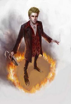 a young man with spiky blond hair and a goatee is depicted hovering above a ring of fire. he wears a red patterned shirt, a long black coat, and black boots. in his left hand, he holds a flaming object resembling a book or a box, and a tendril of smoke curls up from his right hand. the background is a soft white, emphasizing the fiery glow surrounding the figure.