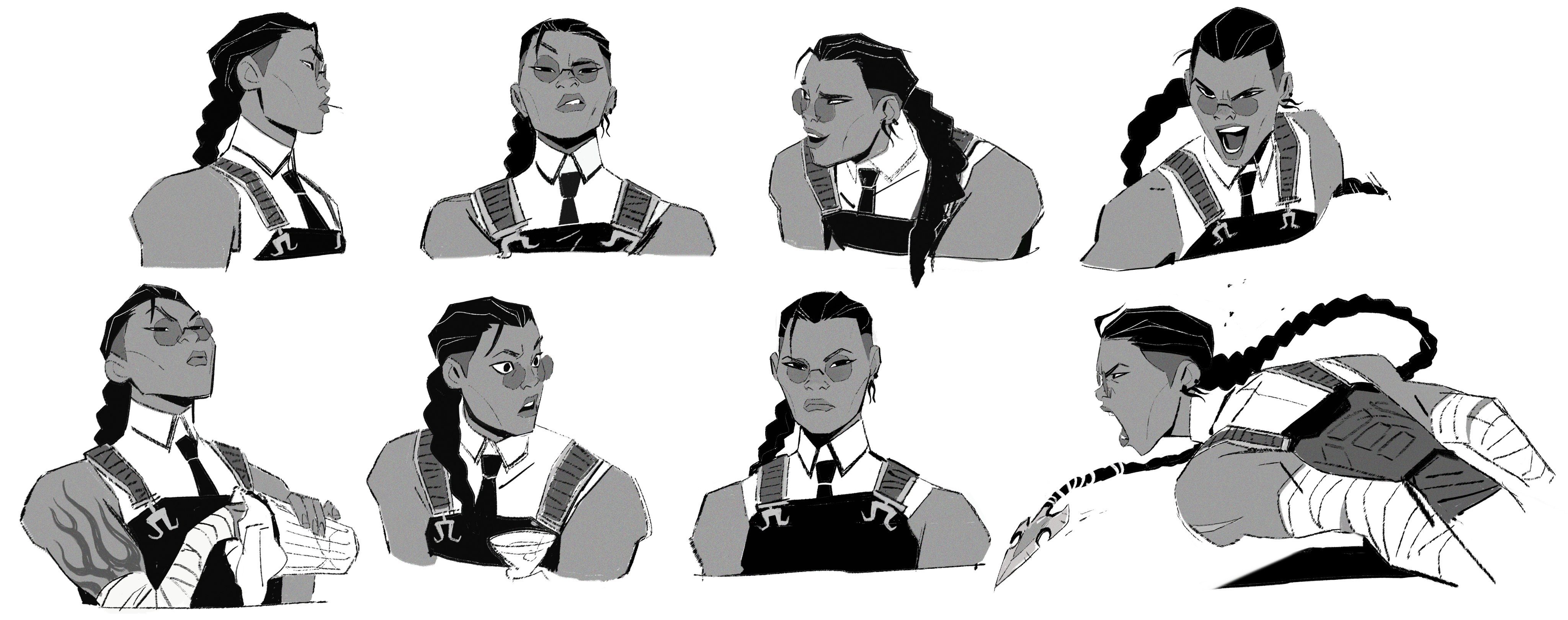 this is a black and white illustration of a woman with different expressions. she has black hair in braids, glasses, and is wearing overalls and a shirt.  the drawing is in a sketch style.