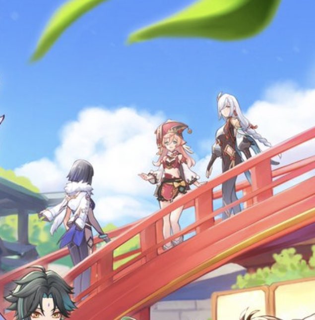 this is a colorful animestyle image that features several female characters standing on a red bridge. they are all dressed in colorful clothing and have unique hairstyles. the image has a fantasy setting, and the characters look like they are from a popular video game. the landscape in the background is green and blue with a clear sky and some white fluffy clouds. the red bridge leads across a beautiful and peacefullooking river with trees and plants growing on the banks. the vibrant color palette and the anime aesthetic create a fun and engaging picture.
