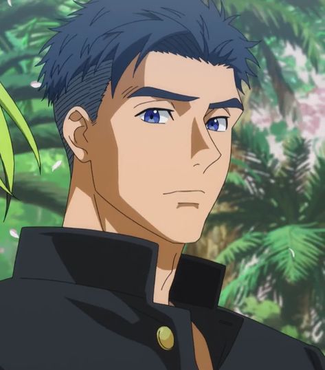 this is a digital illustration of an anime man. he has short, dark blue hair that is styled up in the front. he has pale skin and blue eyes. he is wearing a black shirt with a gold button. the background is a blurry depiction of a forest.
