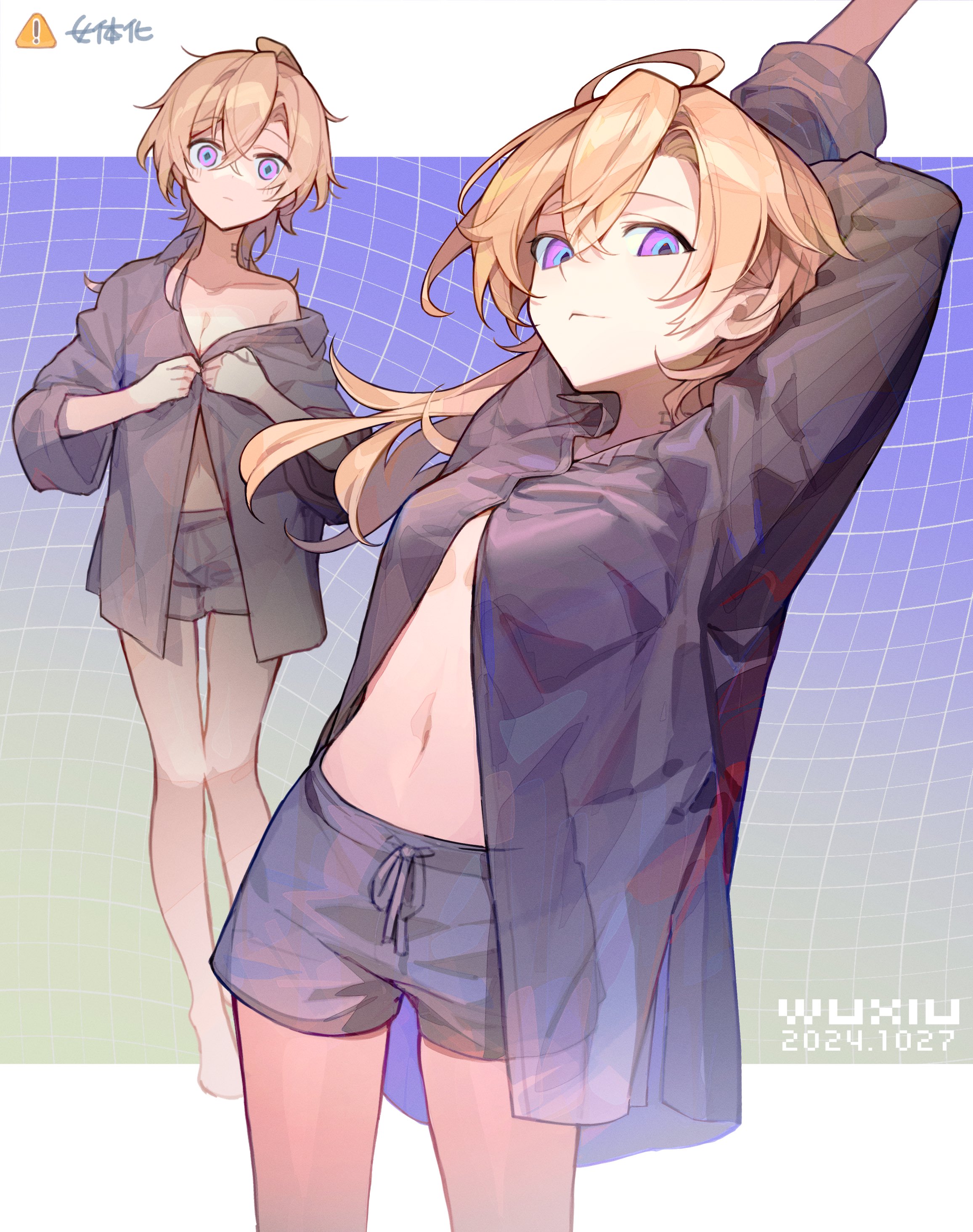 the image is a digital drawing or painting of an animestyle female character. the artwork features two depictions of the same character: one standing with a buttoned shirt and the other with the shirt open, revealing her midriff. the character has blonde hair, purple eyes, and a slender figure. she's dressed in loosefitting, casual clothing, specifically a light purple longsleeved shirt and dark gray shorts.  the background is a gridded, pale purple pattern. the style is soft, and there's an artist's signature and date visible in the bottom right corner.  the overall mood is light and carefree. the second, more relaxed depiction suggests a sense of comfort and openness.
