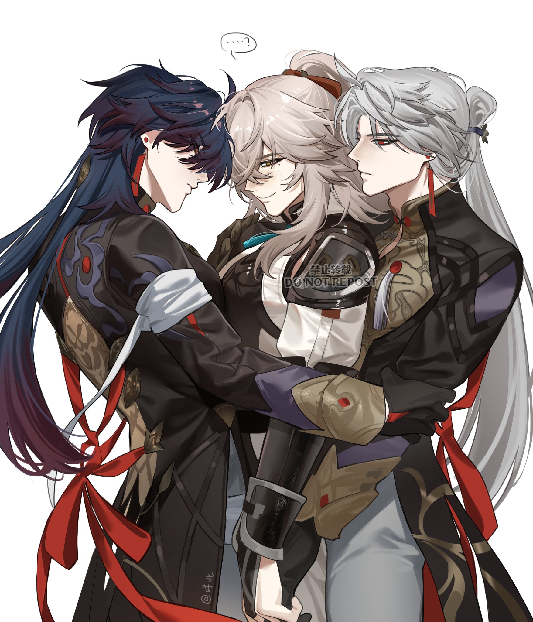 the image depicts three anime characters. two male characters, one with black hair and one with white hair are in a close embrace, with the whitehaired character in the middle and the blackhaired character on the left. the characters are dressed in ornate clothing and appear to be in a romantic or intimate relationship. the third character, a male with red hair, is behind the two and watches them with an expression of curiosity or intrigue. the image is stylized and has a warm, colorful aesthetic.