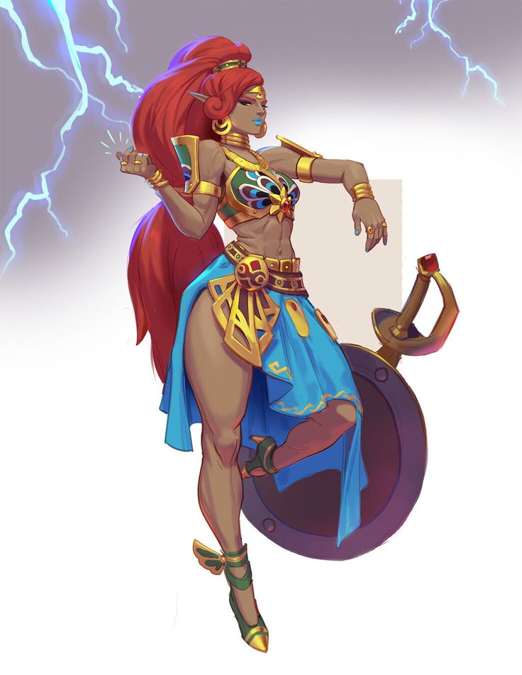the image depicts urbosa, a character from the legend of zelda video game series. she is a gerudo warrior with red hair and blue skin, wearing a revealing outfit with gold accents and a blue skirt. she is posed dynamically with lightning emanating from her hand. a sword and shield are visible behind her. the image is a digital artwork.