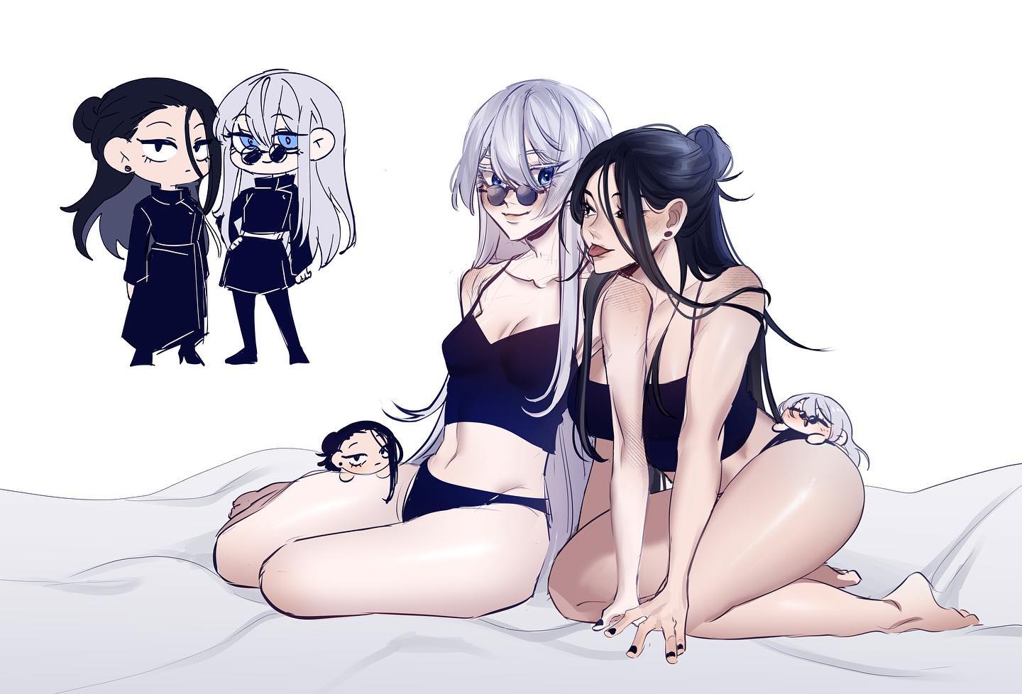 he image is a digital drawing of two animestyle women in a close and intimate embrace on a bed.  one woman has long white hair and is wearing a black bra and underwear. the other has long black hair and is also wearing black lingerie. a smaller version of the two women in chibi style is shown in the upper left corner, also in black clothing. there is also a small chibi character resting on the woman with black hair's thigh. the overall style is soft and romantic with muted colors. the women are depicted as being affectionate and comfortable with each other.