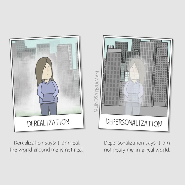 the image is a cartoon illustration depicting the difference between derealization and depersonalization. the left side shows a woman standing in front of a hazy city with the caption "derealization says: i am real, the world around me is not real." the right side shows a faded woman standing in front of a clear city with the caption "depersonalization says: i am not really me in a real world." the image is by @lindsaybraman.