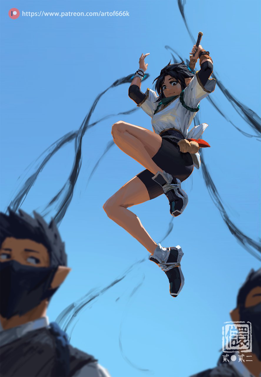 the image is a dynamic digital painting or illustration featuring an animestyle female character leaping through the air.  she has long black hair, is wearing a white shirt and black shorts, and athleticstyle shoes.  she's holding a darkcolored weapon, possibly a sword or staff, which is accompanied by dark, swirling trails that suggest motion and energy. the background is a clear, bright blue sky. the overall style is expressive and actionoriented, conveying a sense of power and grace.  there are also partially visible figures in the foreground, suggesting a scene of action or combat. a watermark with an artist's signature and patreon link is visible.