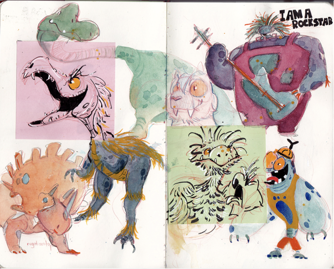 a sketchbook spread featuring a collection of whimsical monster drawings in various styles and colors. there is a pink triceratops, a feathered dragon with glowing yellow eyes, a furry catlike creature, a yellow birdlike monster, a blue froglike monster on roller skates, and a large purple monster wearing overalls and holding a rake like a guitar with the words "i am a rockstar" written above. the monsters are drawn with pen and ink and watercolor, and some are collaged onto the page.