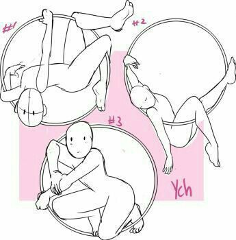 the image is of 3 different female poses inside a circle, the poses are  for drawing references.  each circle has a number next to it. the circle is pink and has "ych" written in the corner of it.