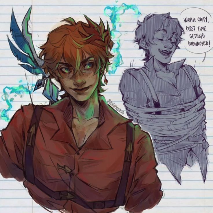 the image is a digital drawing featuring two characters.  the main focus is a young man with vibrant orange hair, wearing a red shirt and suspenders, with a winglike element attached to his shoulder. he has a somewhat surprised yet calm expression. a faint, glowing teal energy surrounds him.  to the right, a less detailed sketch of another young man is shown, bound and gagged.  a speech bubble beside this second character reads, "woah okay, first time getting kidnapped!" the overall style is whimsical and suggests a fantasy or adventure setting. the artwork is sketched on what appears to be a notebook page.