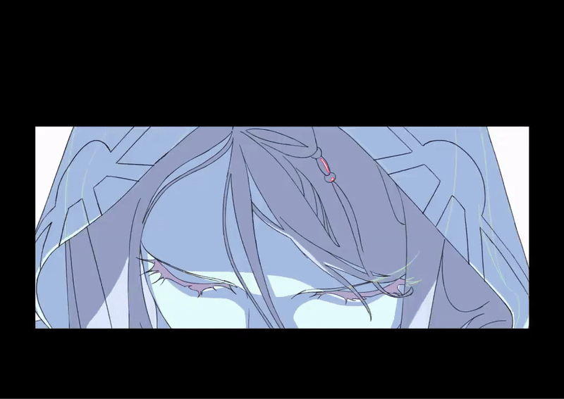 a closeup portrait of an anime/manga girl with long, flowing hair that's pulled back in a ponytail. she has a sorrowful expression on her face and her eyes are closed.