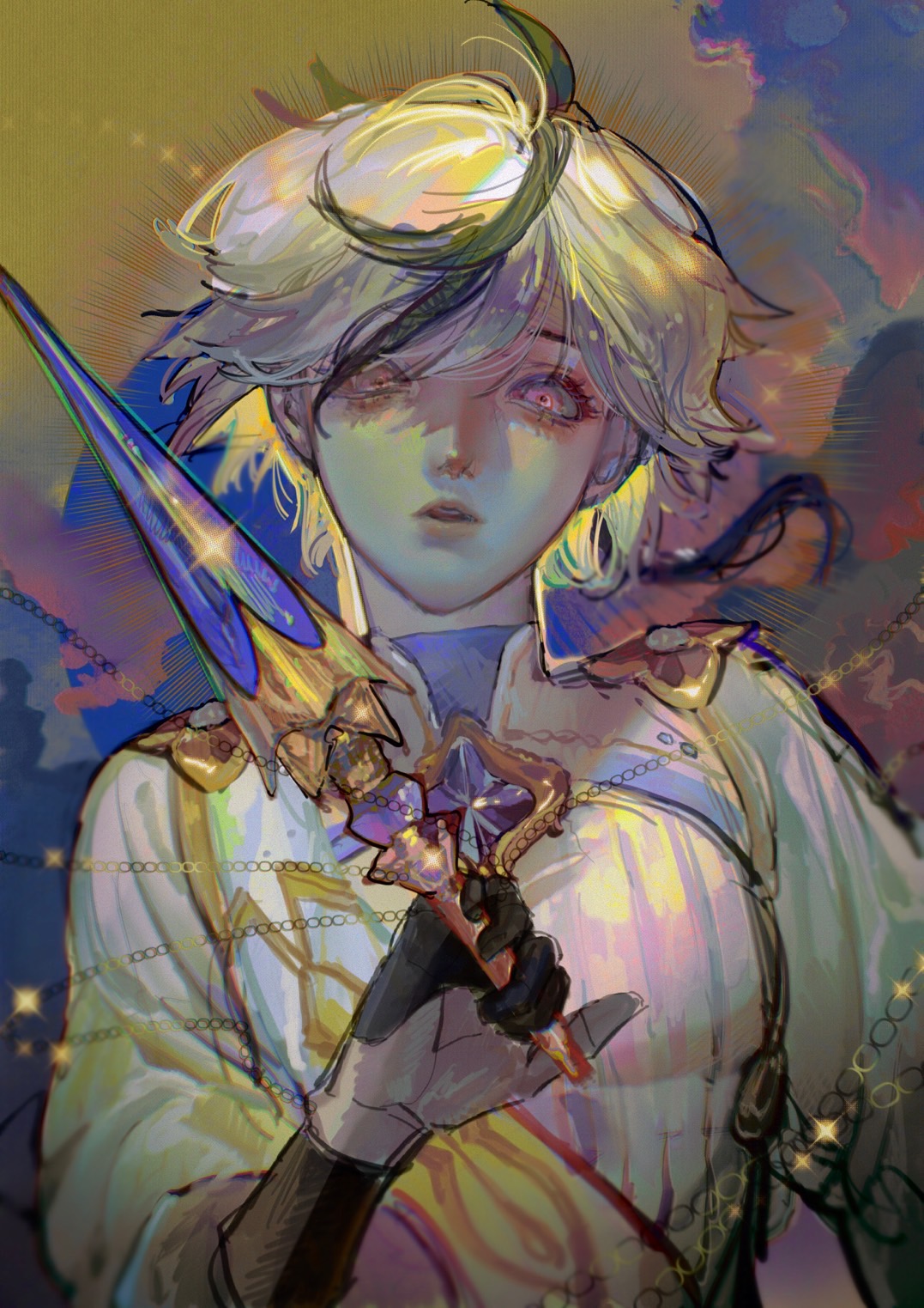 the image is a digital illustration of a male anime character. he is a young man with white hair, blue eyes, and a serious expression. he is wearing golden armor and holding a large sword with a golden and blue hilt. the background is a colorful mix of clouds and stars, giving the image an ethereal feel. the overall impression is one of strength, power, and angelic beauty.