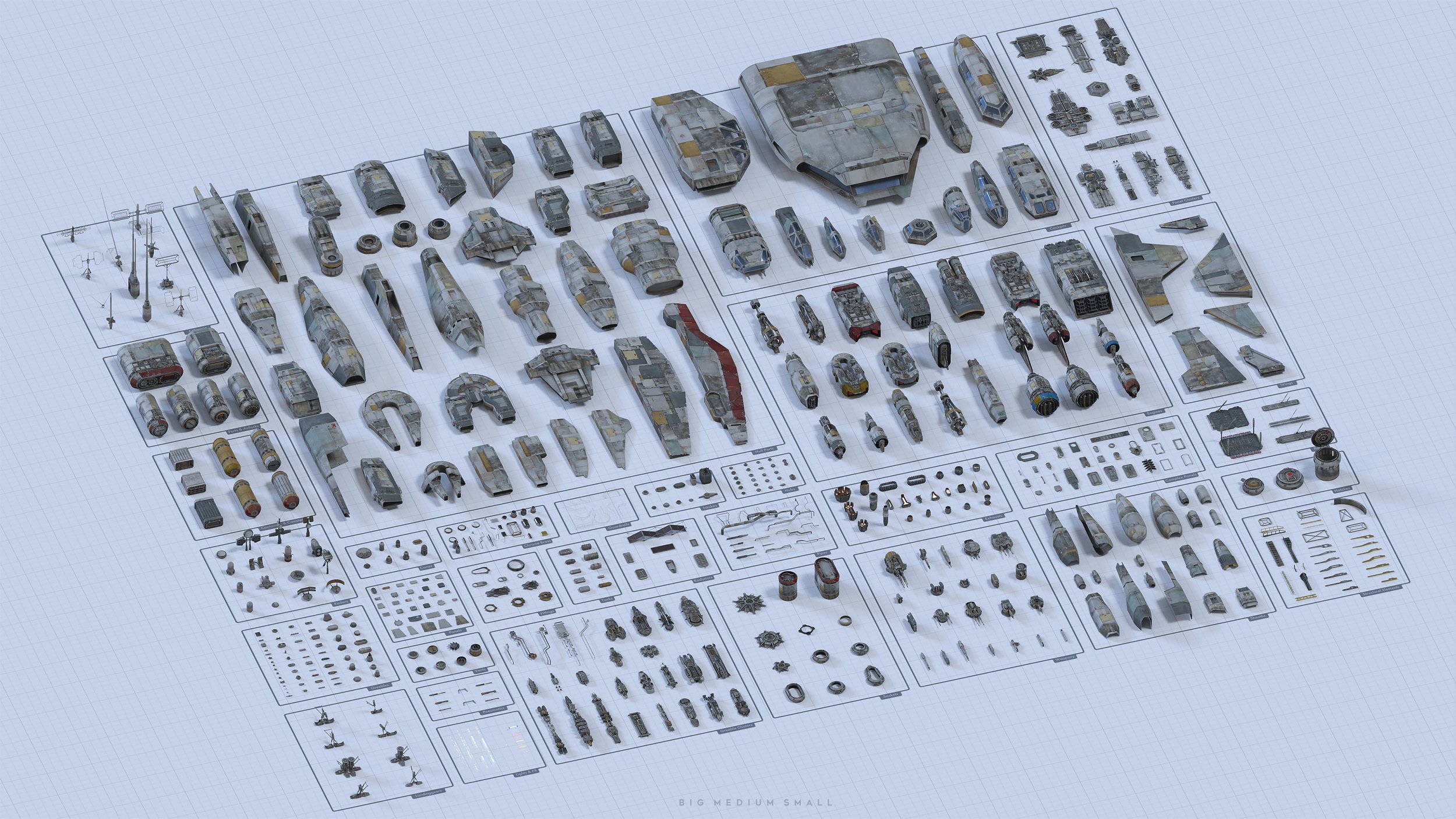 the image is a detailed 3d render of an exploded view diagram showing all the individual components and parts of a star wars spaceship. it resembles a technical blueprint or assembly diagram, meticulously laying out each part, from large hull sections to minuscule bolts and panels, on a gridded background. the parts are displayed in a categorized manner, suggesting a detailed assembly guide or inventory. the overall style mimics a technical drawing with various sizes (big, medium, small) of parts clearly indicated.  the spaceship itself appears to be a modified or customized version of a known star wars ship, possibly inspired by the millennium falcon, given its design and coloring.