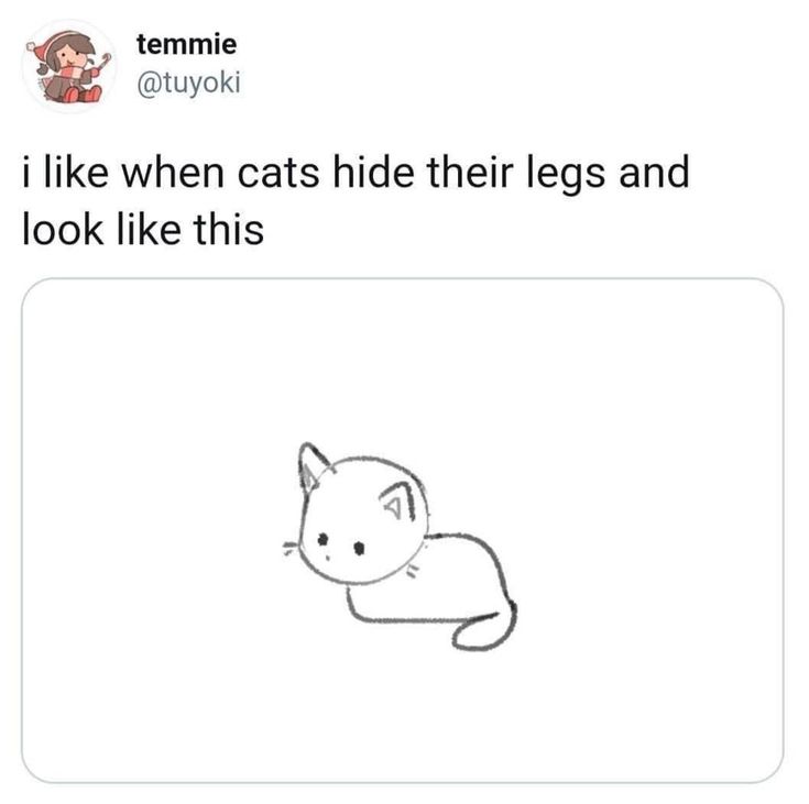 a simple black and white drawing of a cat with its legs tucked underneath its body. the cat is looking to the left. there are a few words at the top: "i like when cats hide their legs and look like this". there is also a little person with a hat in the top left corner.