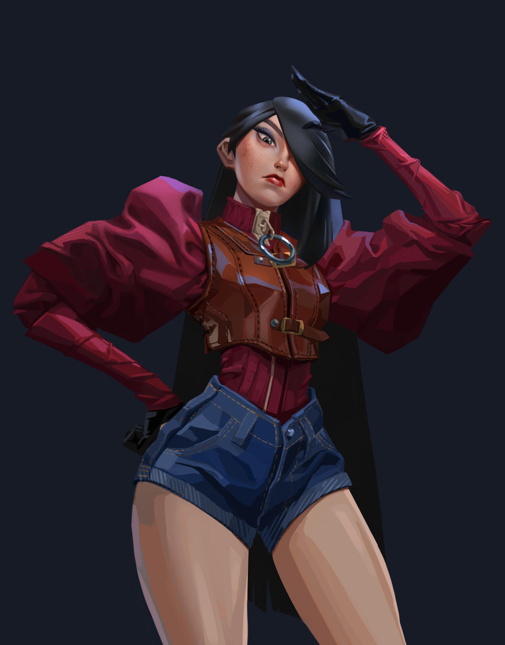 this is a digital illustration of an animestyle woman wearing a red shirt with puffed sleeves, a leather jacket, and denim shorts. she has long, black hair and is looking directly at the viewer with a confident expression. she is wearing gloves and has one hand raised to her forehead.