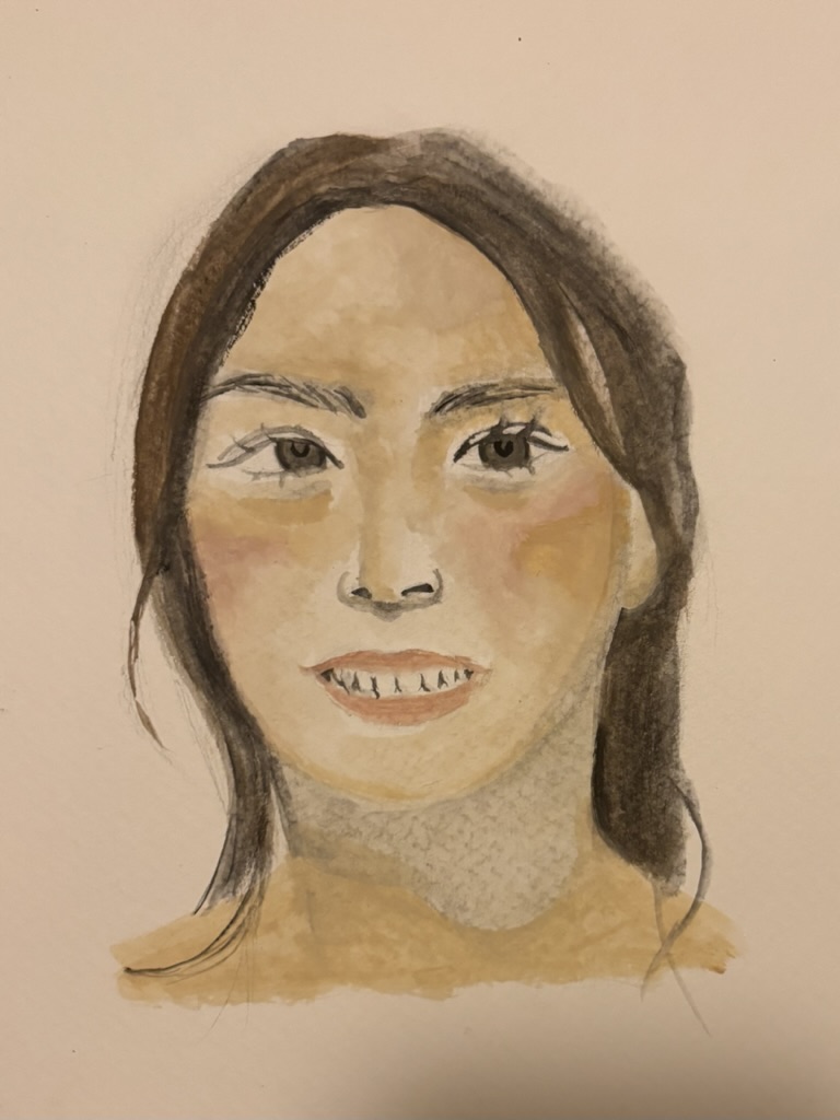 a watercolor painting depicts a portrait of a woman with brown hair and brown eyes. she is smiling, revealing her teeth. the painting is done in a soft, expressive style.