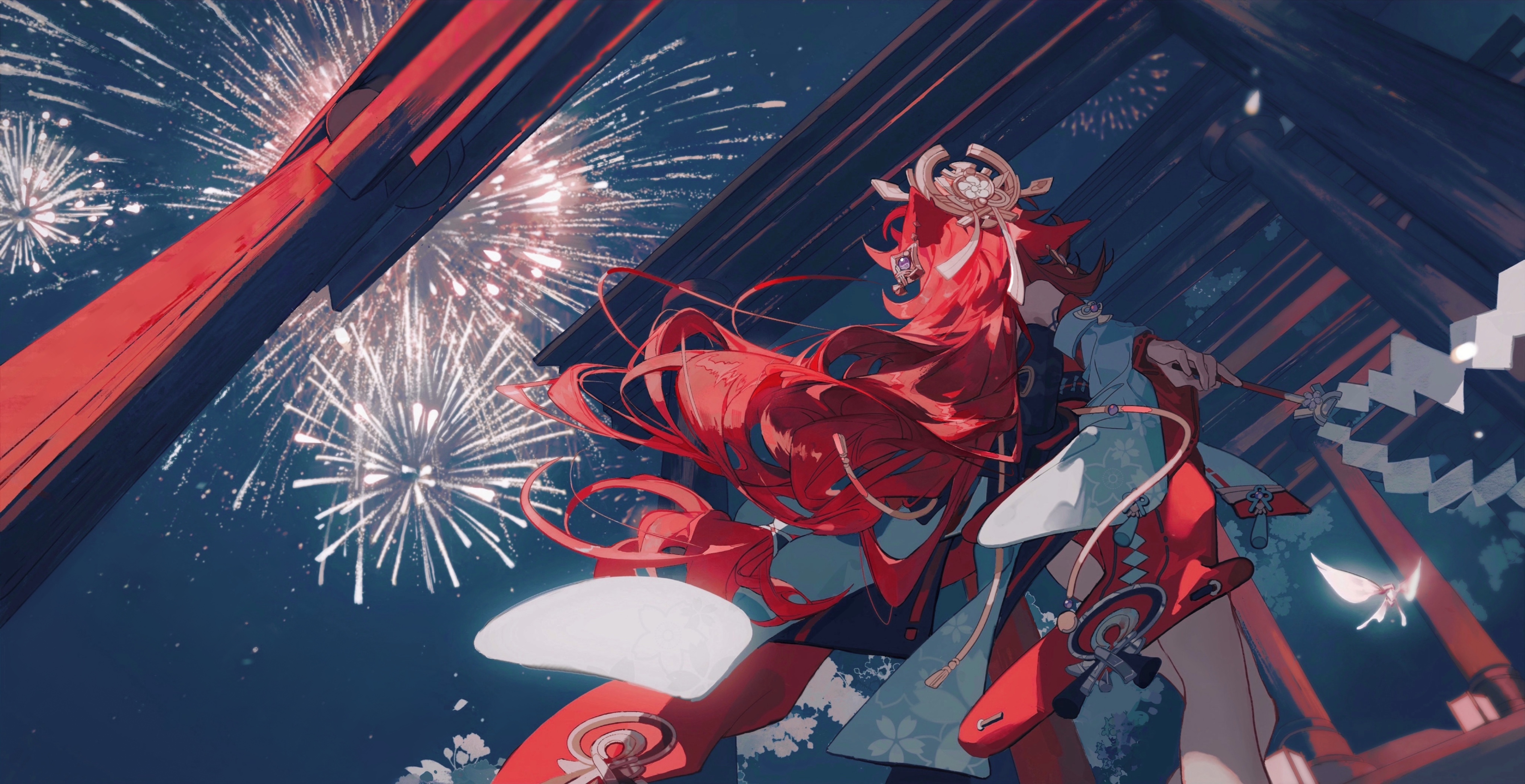 the image is a vibrant digital illustration of an animestyle woman with long, flowing red hair. she is dressed in a beautiful kimonolike outfit with red and teal accents, adorned with intricate details and accessories. she holds what appears to be a ceremonial staff. the setting is a japanesestyle shrine at night, with a spectacular fireworks display in the background. a small, luminous fairy or butterfly floats nearby. the style is dynamic and energetic, with a strong emphasis on color and movement. the overall mood is celebratory and magical.