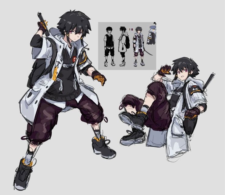 the image showcases character design concepts for a young male character, potentially for an anime or game. he has a dynamic, actionready pose and wields a katana. his attire blends streetwear elements with a futuristic touch. he wears a white jacket over a black hoodie, purple pants, and chunky sneakers. there are several sketches of the character in different poses and angles, offering a comprehensive view of his design. the background is a plain light grey.