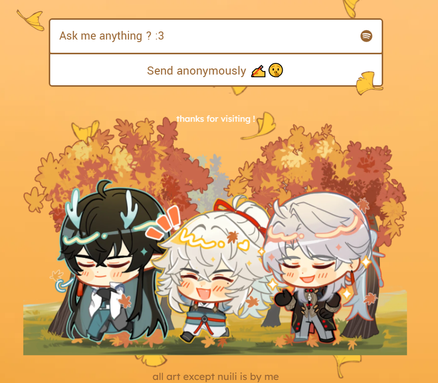 the image features three anime boys in chibi style, surrounded by autumn leaves. the boys are smiling and appear happy. the image is a digital illustration, possibly fan art, and is likely used on social media. there are icons that indicate the image is part of a social media platform where people can ask questions. the caption suggests the art was made by someone else, with an exception.