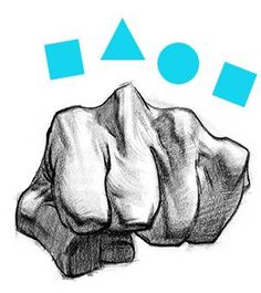 this is a pencil drawing of a human fist with four simple geometric shapes above it. the shapes are a square, an upright triangle, a circle, and a tilted square.