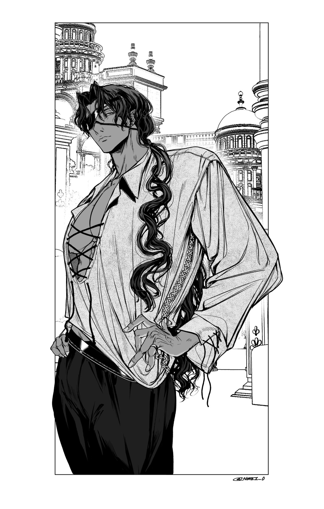 the image is a detailed black and white illustration in an anime/manga style. it depicts a man with long, dark hair, an eyepatch, and elaborate clothing. he stands in a pose that suggests confidence and elegance. his attire features a loose, openfront shirt with lacelike detailing and dark pants. he appears to be in a historical setting; in the background, there are ornate buildings that evoke a european style. the overall style is quite refined, with attention to detail in both the character's appearance and the background architecture.  the art style emphasizes strong lines and shading to create a dramatic effect.