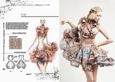 the image showcases two fashion designs. on the left side, a handdrawn illustration depicts a female model wearing a layered and intricate dress, showcasing a combination of textures and patterns. the design is meticulously detailed, with emphasis on the flowy and voluminous silhouette of the skirt. the right side features a real model adorned in a similar fashion, showcasing a garment constructed using the same design principles as the illustration. the model's pose and the outfit's intricate details highlight the beauty and complexity of the design. this visual comparison provides a glimpse into the process of bringing fashion designs from concept to reality. the image is a testament to the artistry and creativity involved in fashion creation.