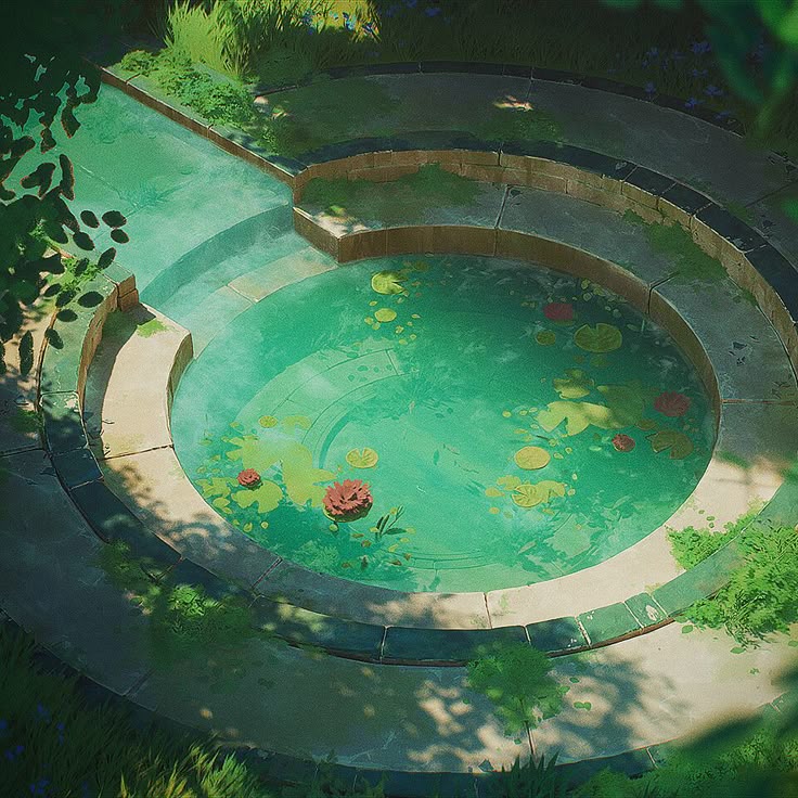 the image shows a circular stone pond filled with green water and several lily pads floating on the surface. the pond is surrounded by a stone ledge and a pathway leading into the pond via a short set of stairs. green plants and grass grow around the pond, and shadows are cast on the stone surfaces, giving the scene a tranquil and natural feel.