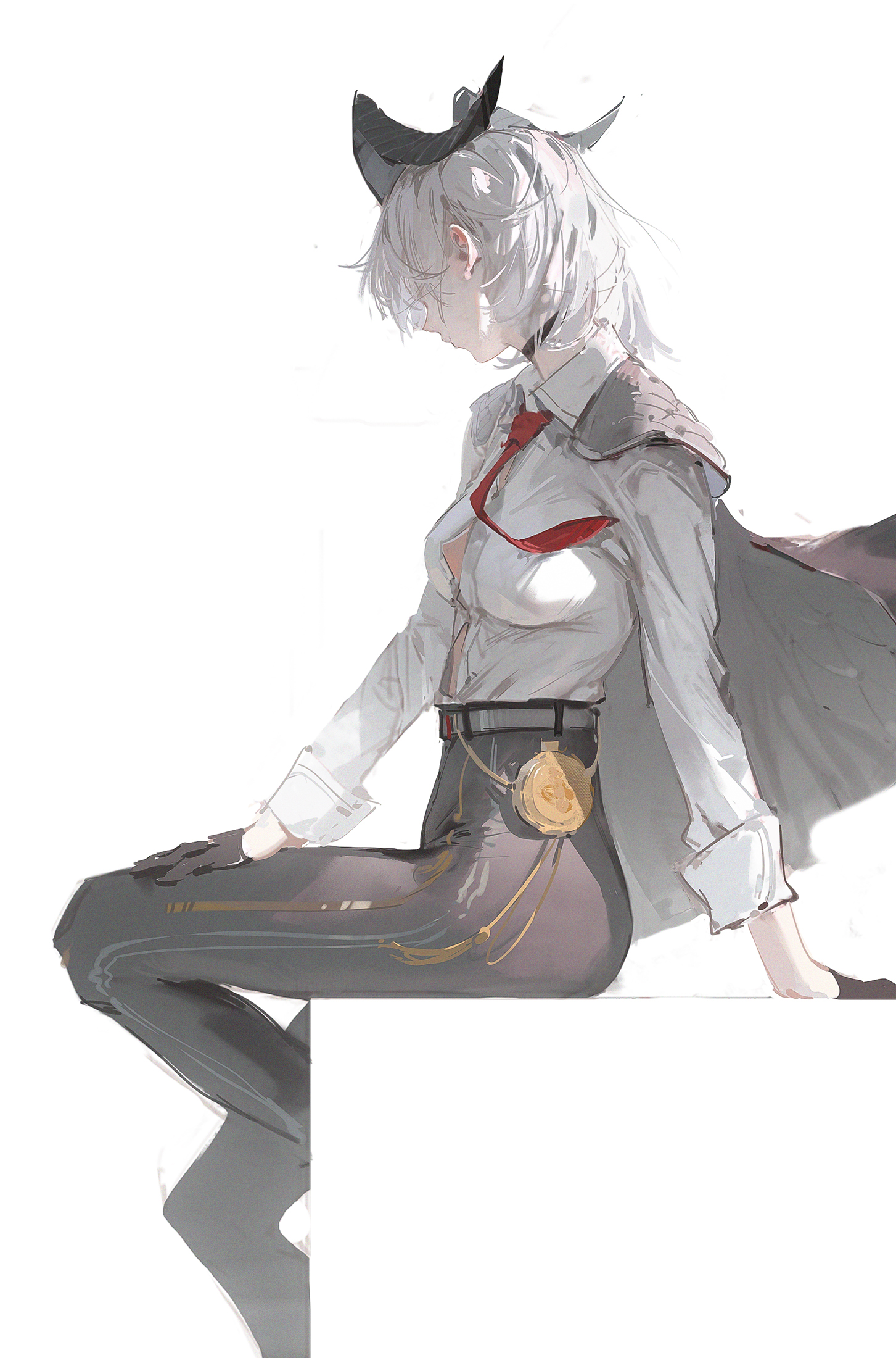 an anime girl with white hair and horns is sitting on a white surface. she is wearing a white shirt, a red tie, gray pants, and a cape. she is looking down and to the side.