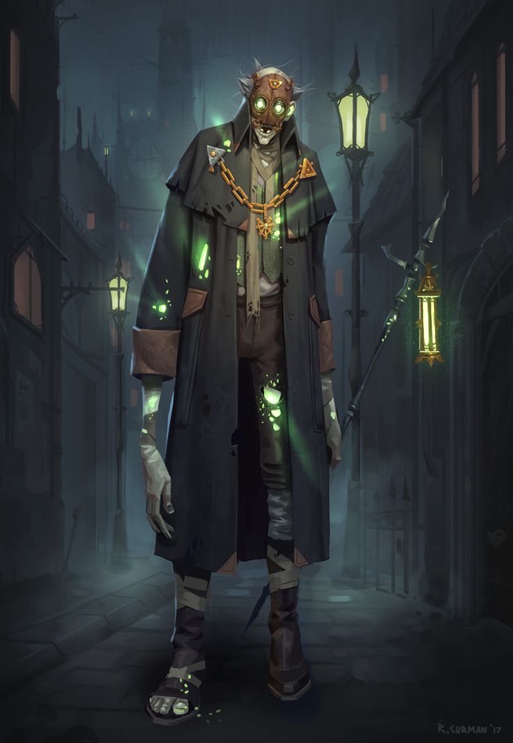 a digital art illustration of a spooky, undead creature wearing a mask and glowing green eyes. the creature is standing in a dark, foggy, city street with gas lamps and buildings in the background.