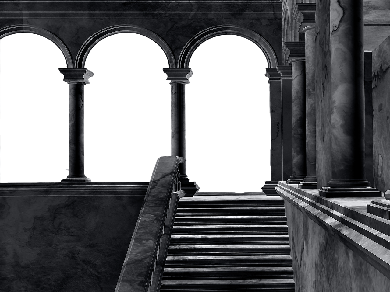 a black and white image depicts a marble staircase leading up to a series of arched openings supported by columns. the architecture appears classical, with detailed stone and a dark, dramatic lighting. the overall design suggests a stately, perhaps historical, building.