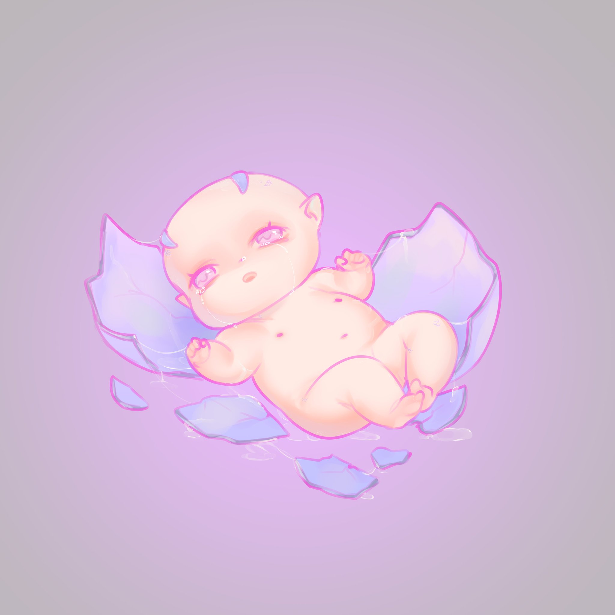 a baby with large, sad eyes lies in a broken egg shell. the egg shell is pink and purple, and the baby is pink and white. the background is a soft, pastel purple. the baby is crying, and it appears to be alone and vulnerable.