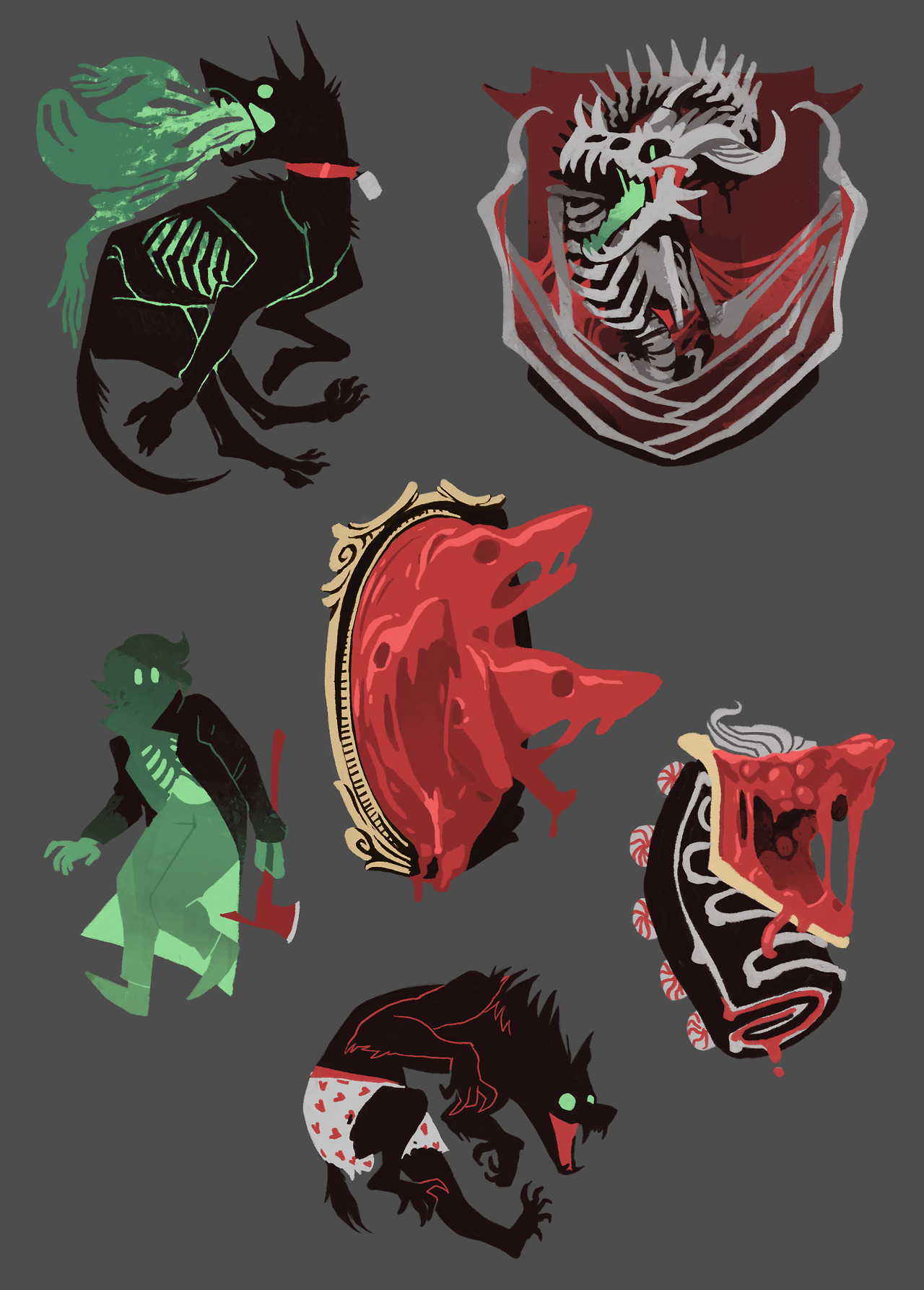 the image is a digital illustration featuring a collection of stylized, somewhat spooky and whimsical monster characters and objects.  there's a skeletal dog exhaling green gas, a skeletal dragon in a heraldicstyle emblem, a melted, dripping red mirror, a piece of melting, bloody pie, a greentoned person with an axe, and a werewolf wearing valentine's day underwear. the style is flat and vectorlike with bold colors and simplified shapes. the overall aesthetic is dark fantasy or gothic, with a touch of playful whimsy. the background is a muted gray, allowing the characters to pop.